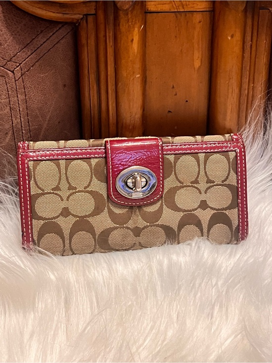 Coach Handbags - Coach Beige Signature Canvas Wallet with Red Trim and Turn-Lock